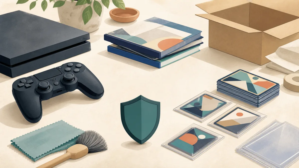 ゲームとトレカを整理し、安全に売る準備をするイメージ