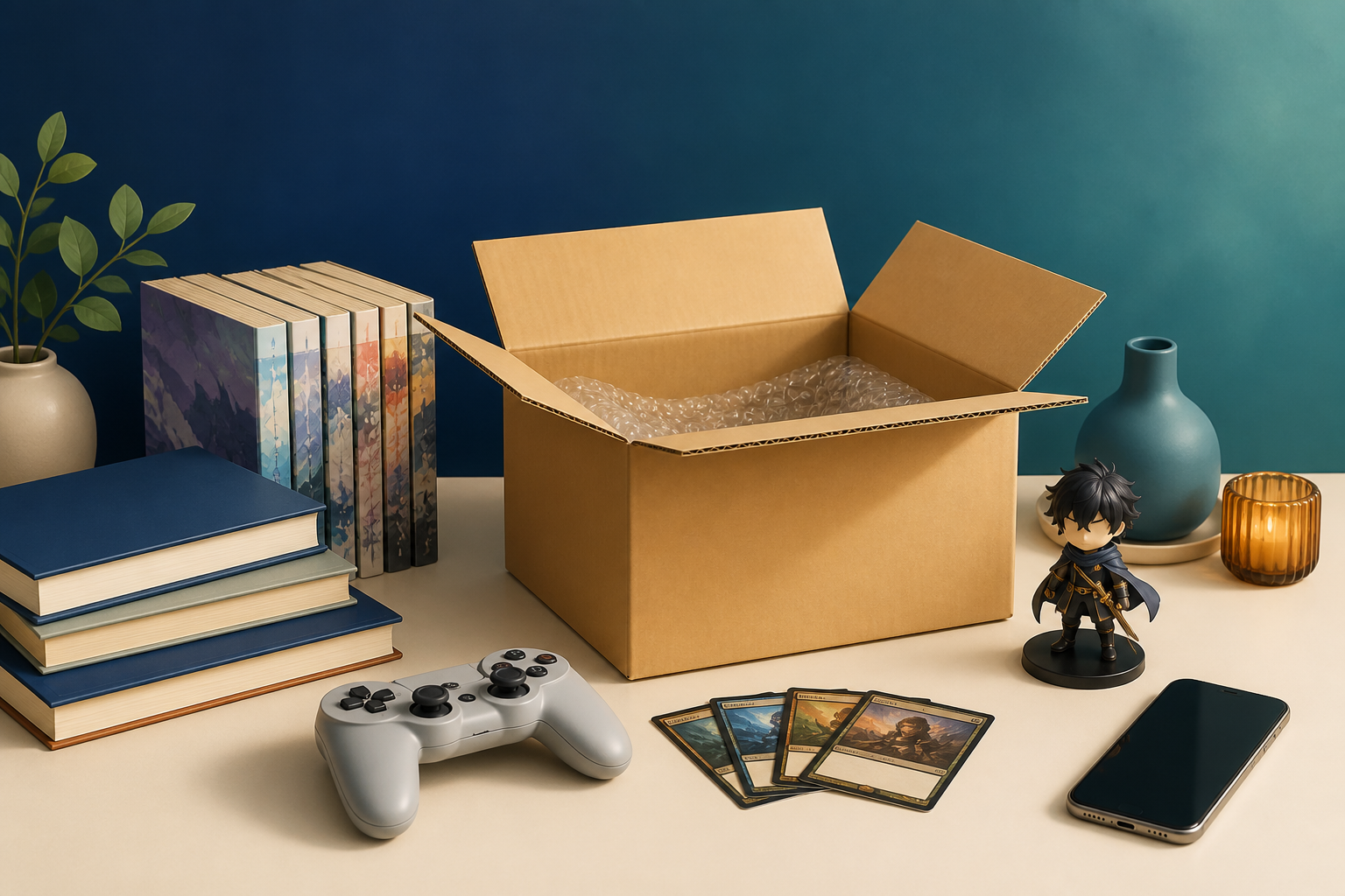 本・ゲーム・ホビーを箱へまとめるイメージ